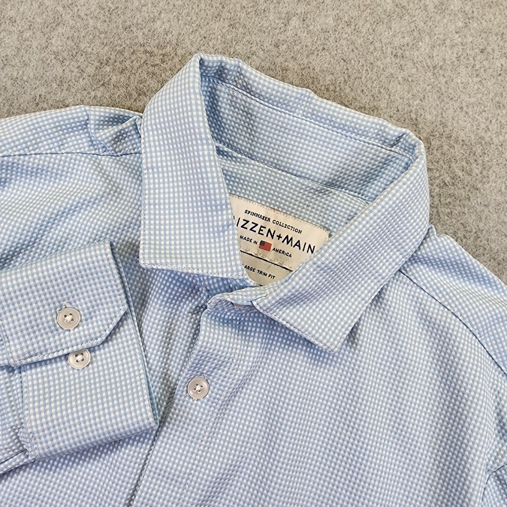 Mizzen+Main Mens L Blue Long Sleeve Button Leward Shirt Trim Fit Gingham Check